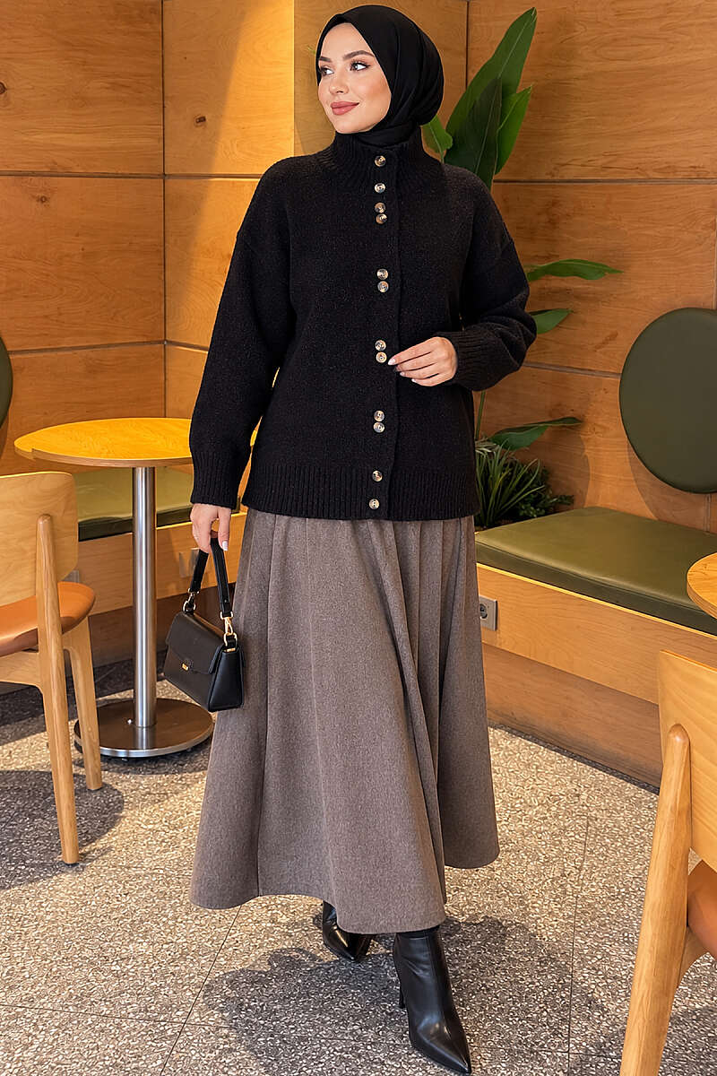 Stand-Collar Brushed Cardigan with Button Detail - Black