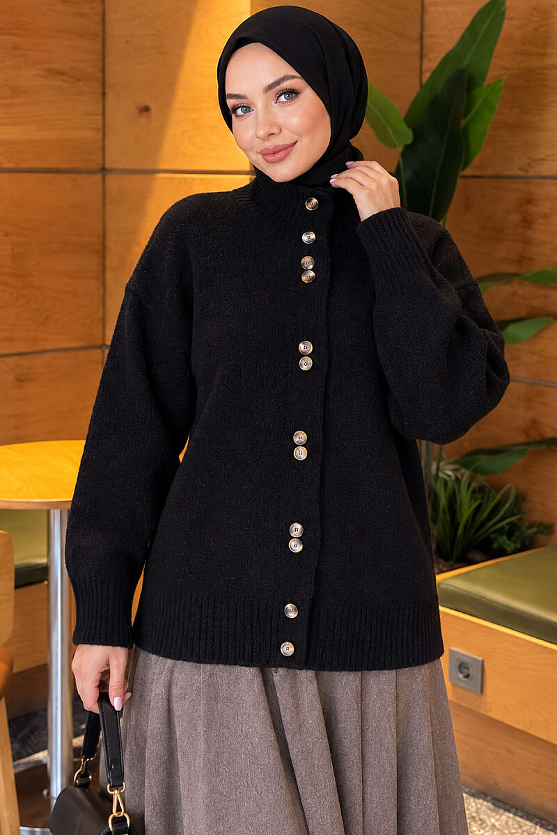 Stand-Collar Brushed Cardigan with Button Detail - Black