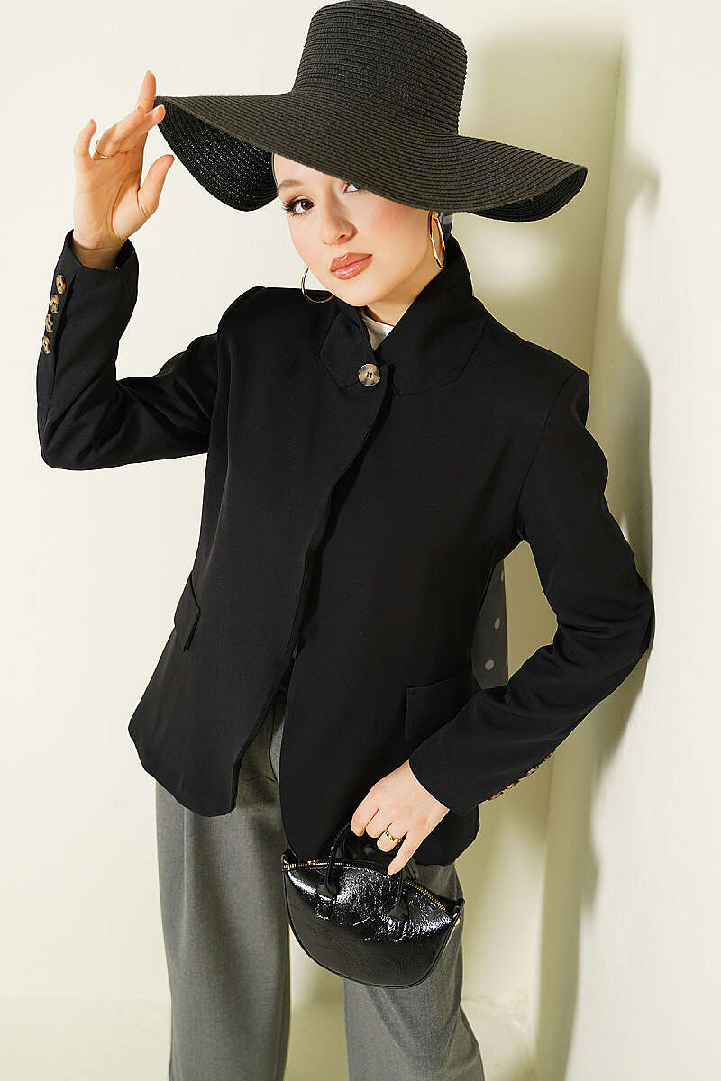 Stand-Collar Button Blazer - Black