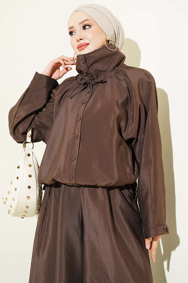 Stand-Collar Button Two-Piece Set - Brown