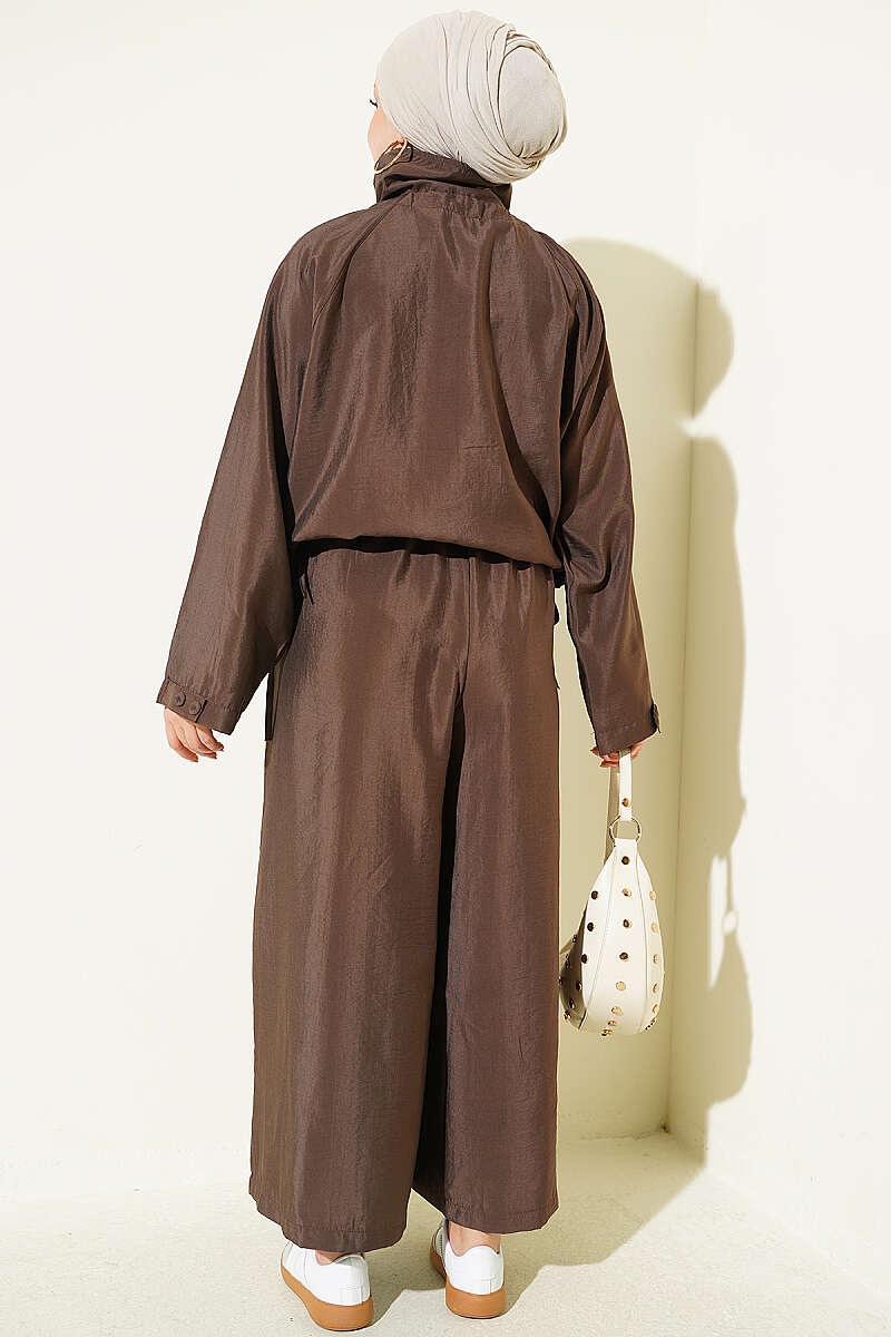 Stand-Collar Button Two-Piece Set - Brown