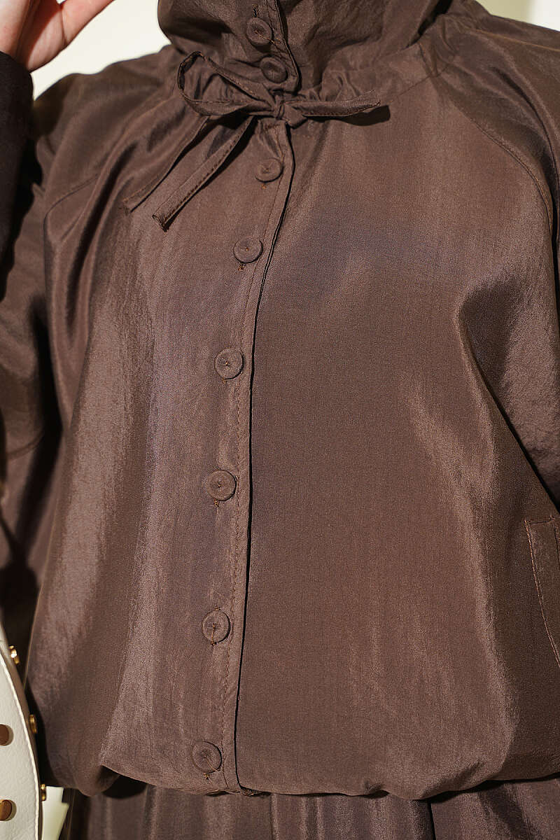 Stand-Collar Button Two-Piece Set - Brown
