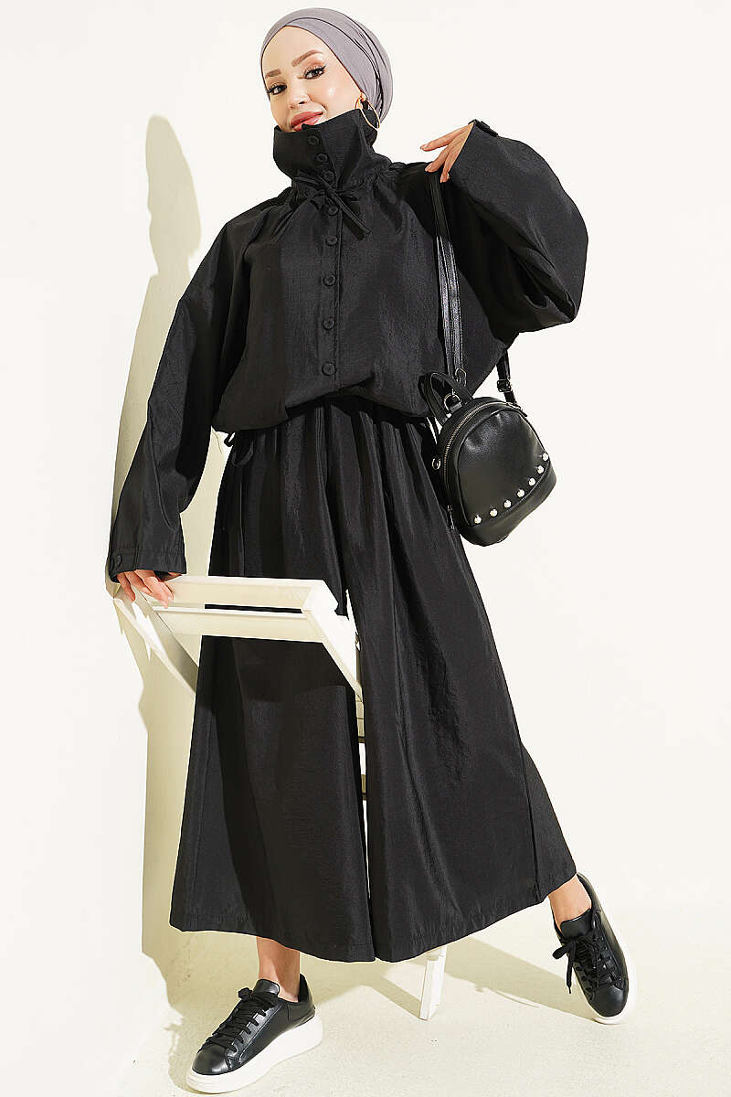 Stand-Collar Button Two-Piece Set - Black