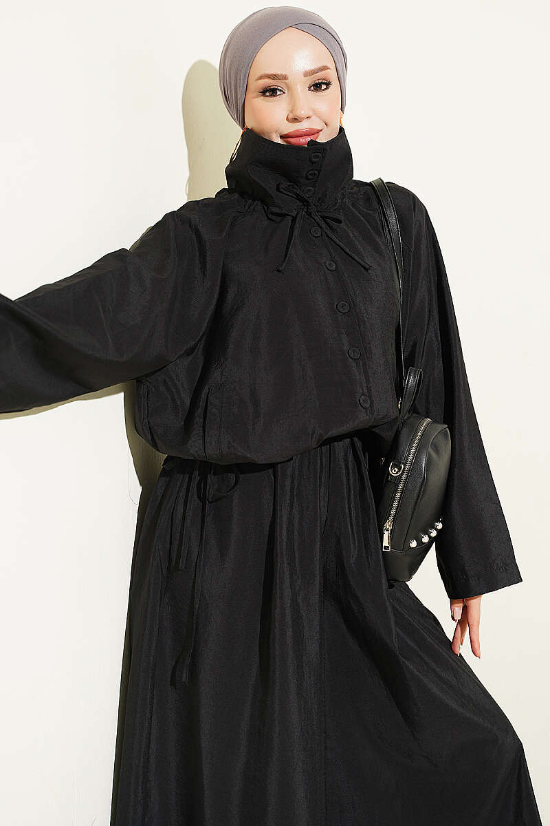 Stand-Collar Button Two-Piece Set - Black