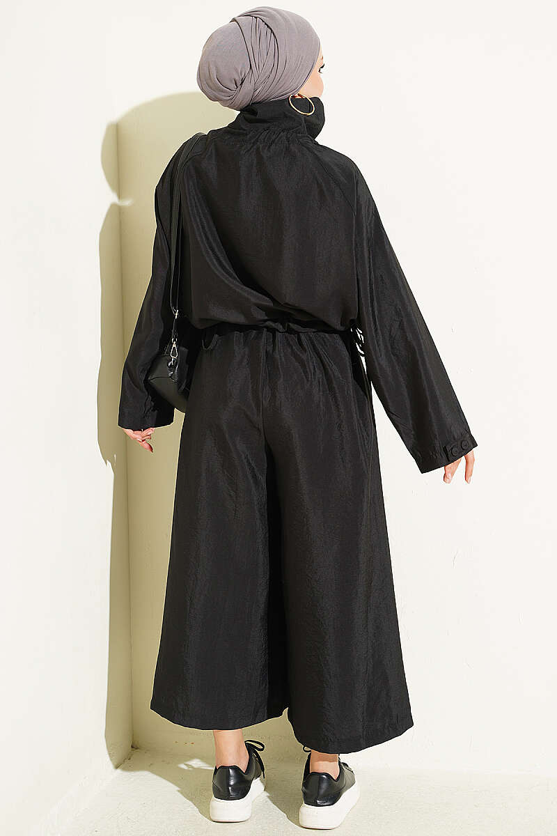 Stand-Collar Button Two-Piece Set - Black