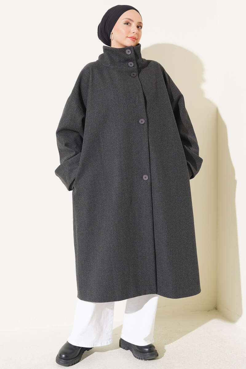 Oversized Felt Coat with Stand Collar - Charcoal