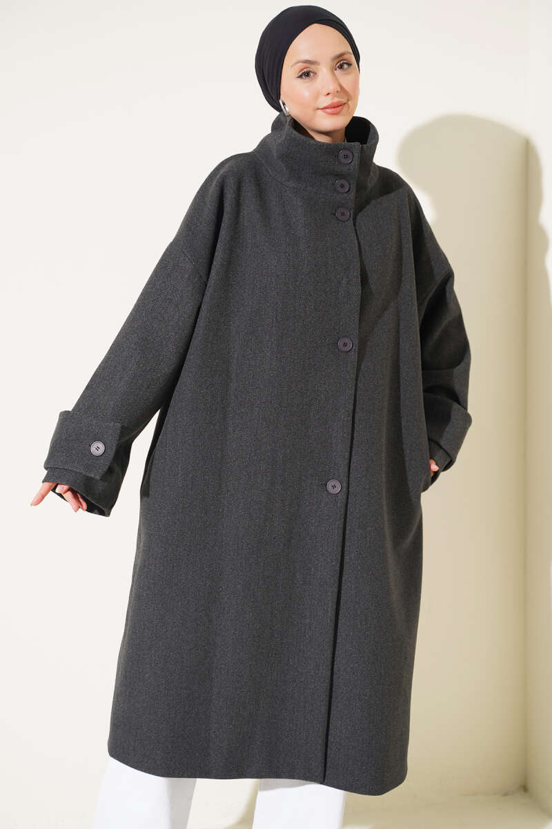Oversized Felt Coat with Stand Collar - Charcoal