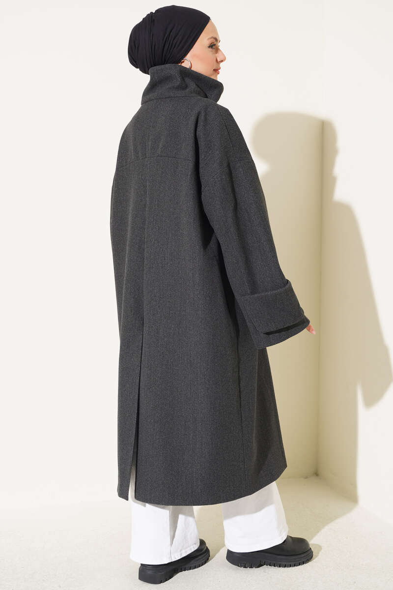 Oversized Felt Coat with Stand Collar - Charcoal