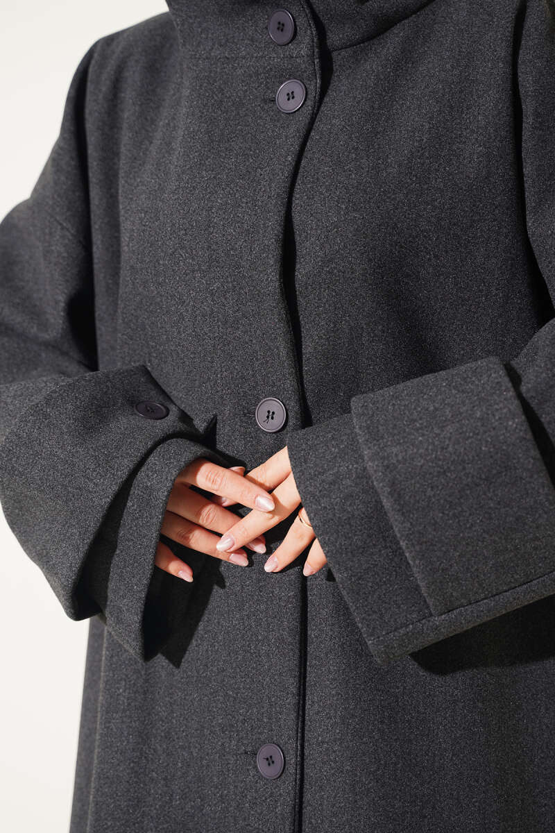 Oversized Felt Coat with Stand Collar - Charcoal