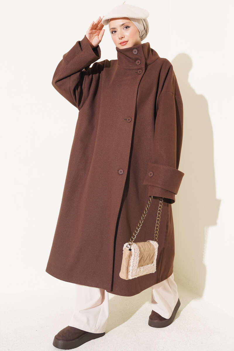 Oversized Felt Coat with Stand Collar - Brown