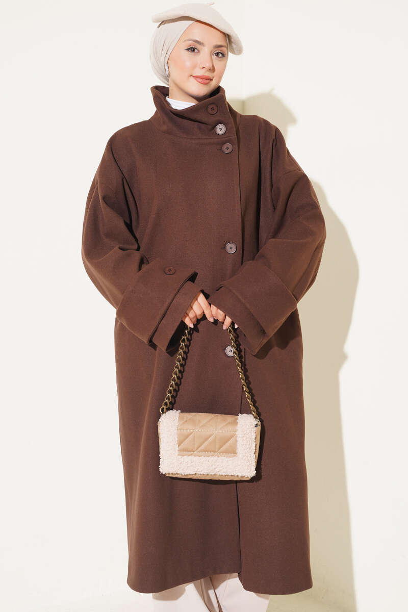 Oversized Felt Coat with Stand Collar - Brown