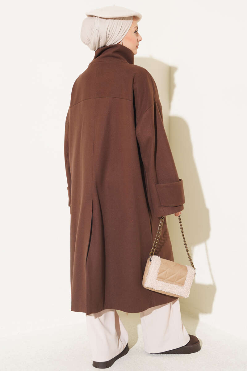 Oversized Felt Coat with Stand Collar - Brown