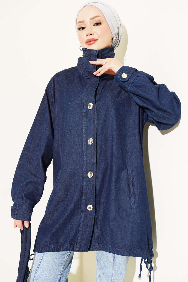 Stand-Collar Cape Coat with Gathered Hem - Navy