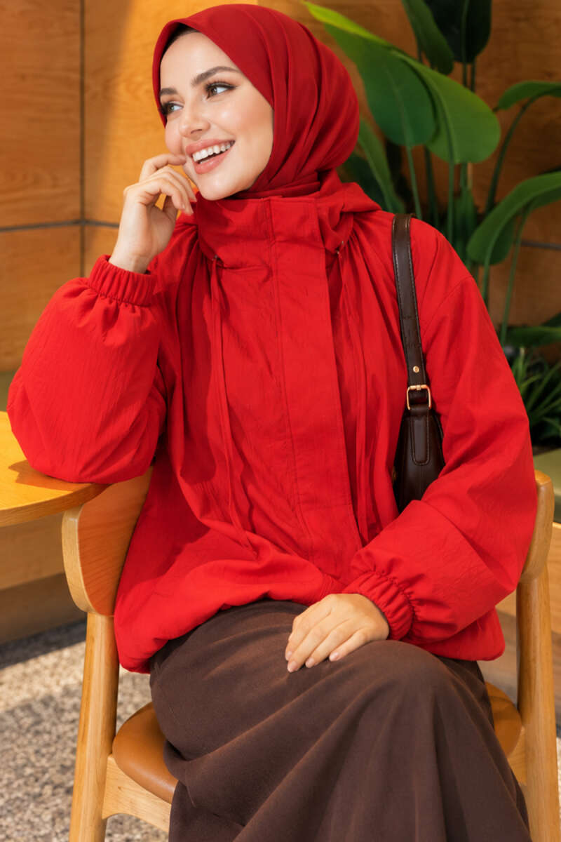 Zip-Up Bomber Jacket with Stand Collar - Red