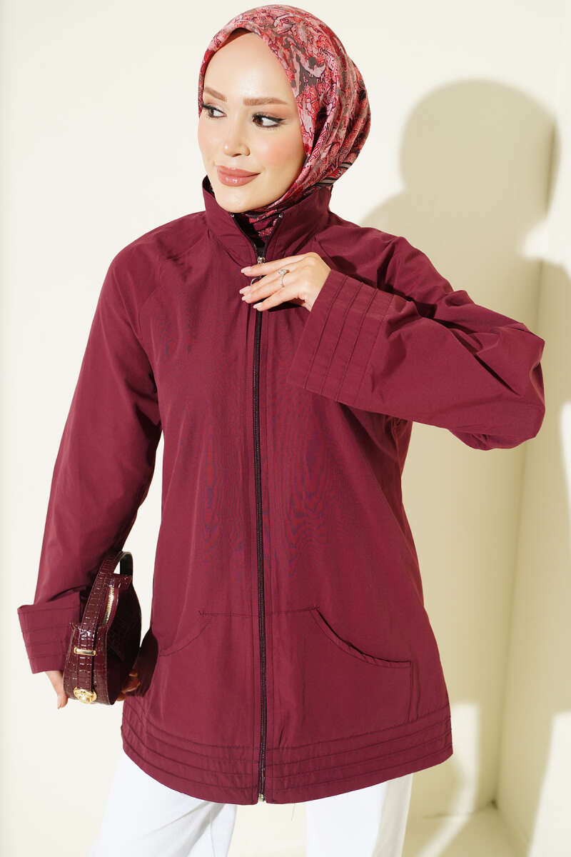 Stand-Collar Zip-Up Cape Coat - Burgundy