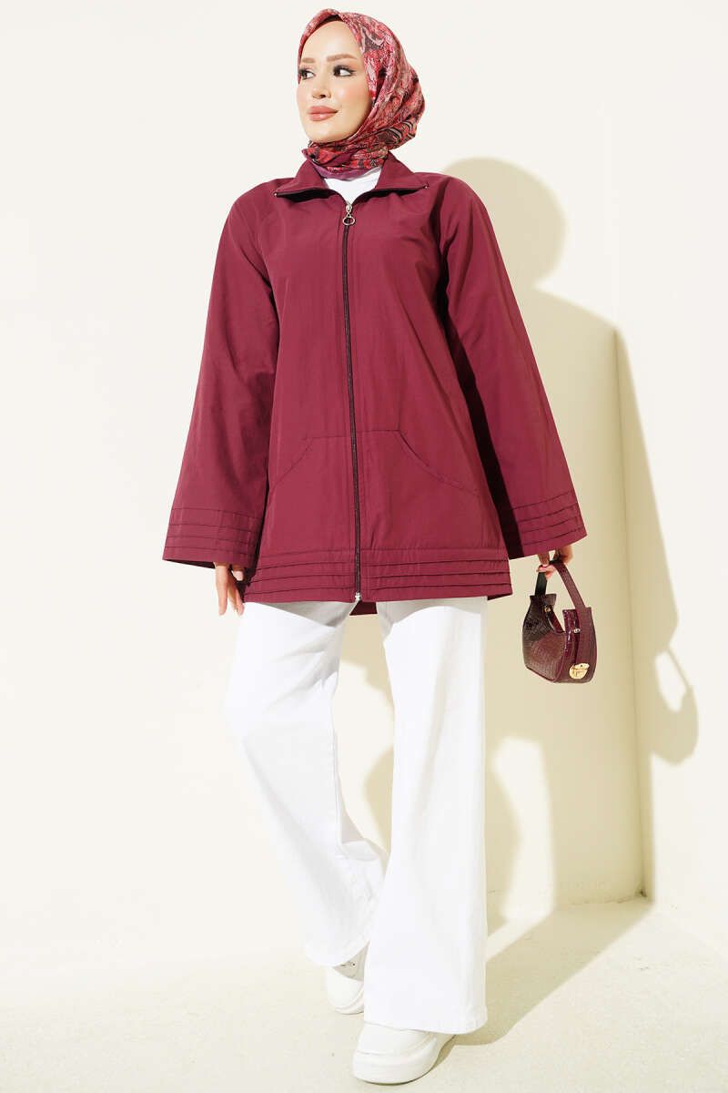 Stand-Collar Zip-Up Cape Coat - Burgundy