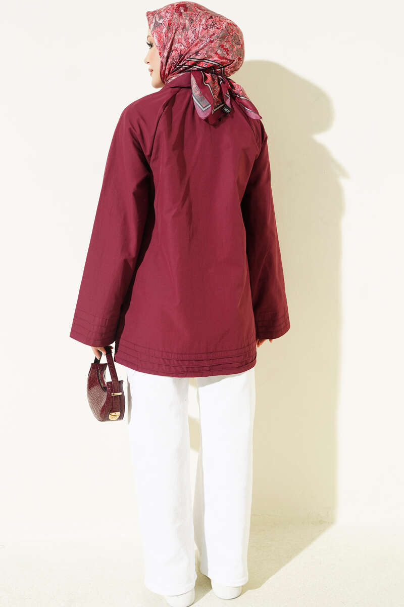 Stand-Collar Zip-Up Cape Coat - Burgundy