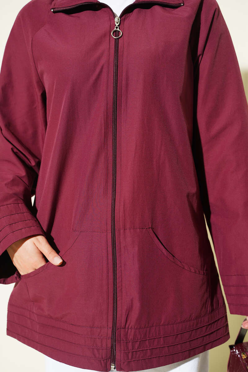 Stand-Collar Zip-Up Cape Coat - Burgundy