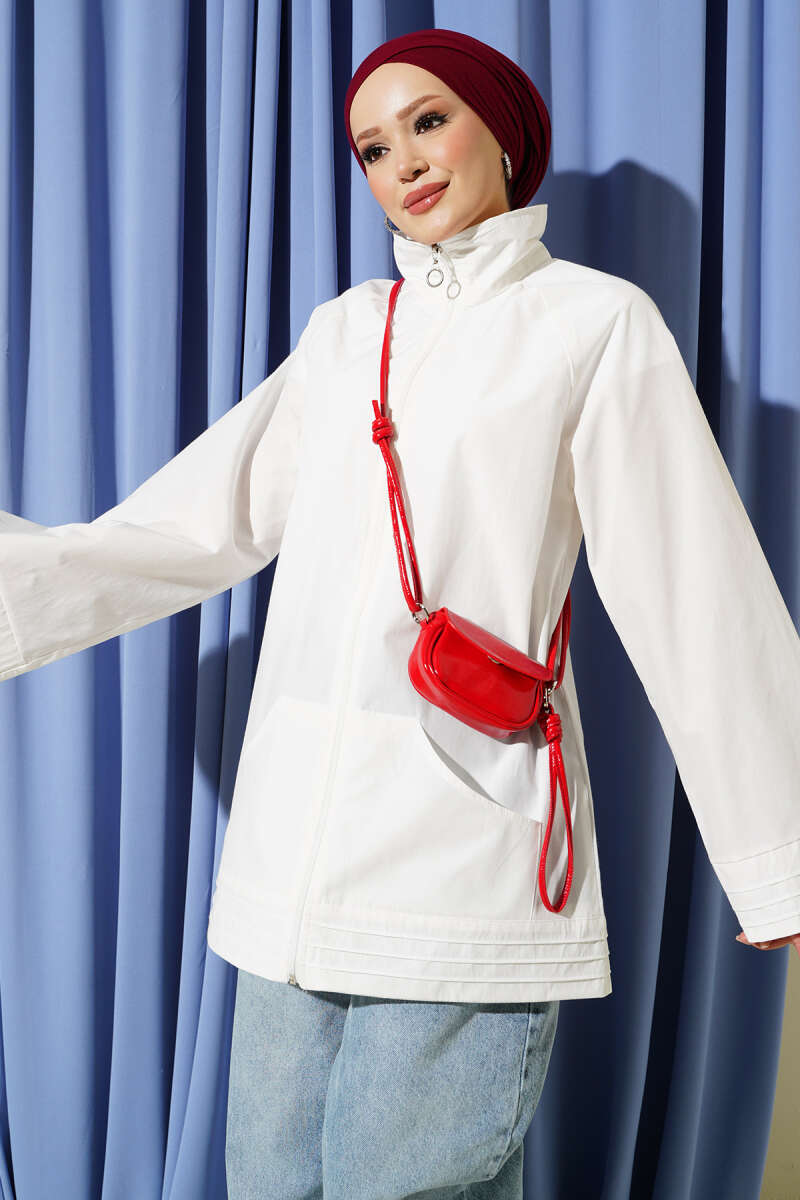 Stand-Collar Zip-Up Cape Coat - Ecru