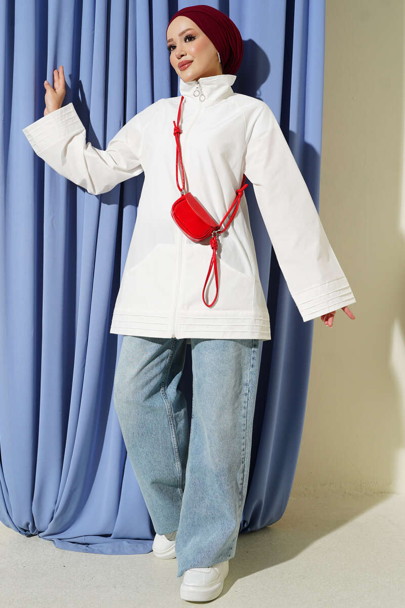 Stand-Collar Zip-Up Cape Coat - Ecru