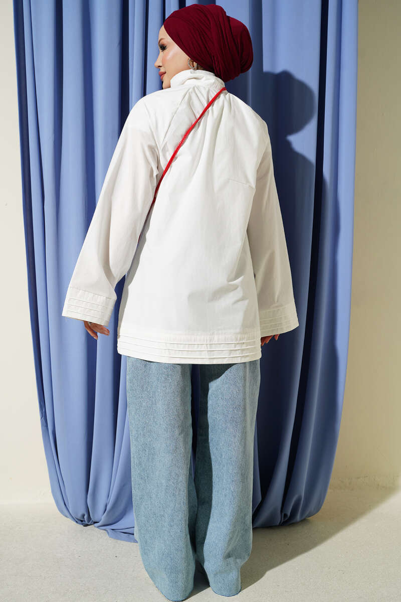 Stand-Collar Zip-Up Cape Coat - Ecru