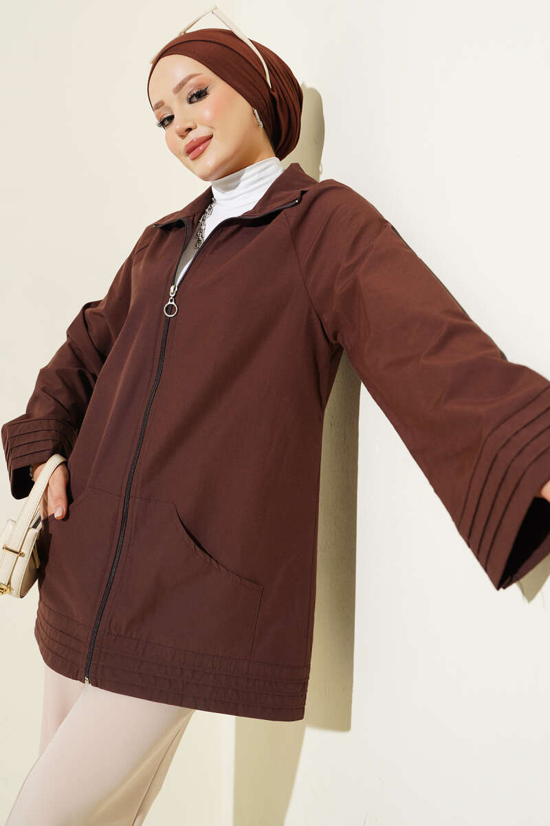 Stand-Collar Zip-Up Cape Coat - Brown