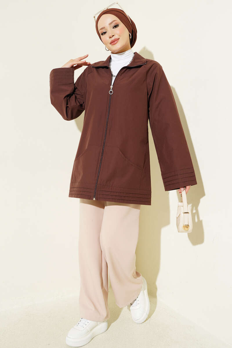 Stand-Collar Zip-Up Cape Coat - Brown