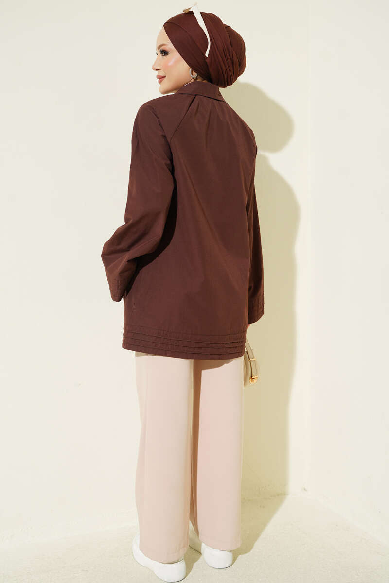 Stand-Collar Zip-Up Cape Coat - Brown