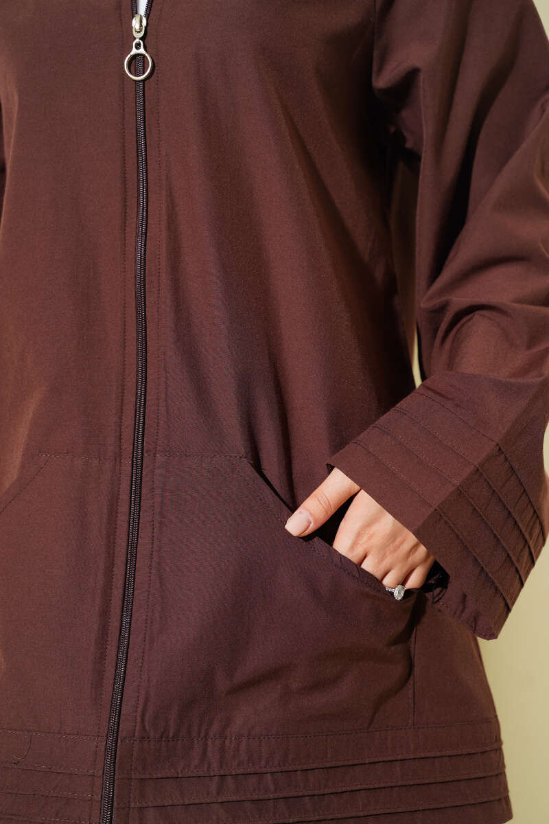 Stand-Collar Zip-Up Cape Coat - Brown