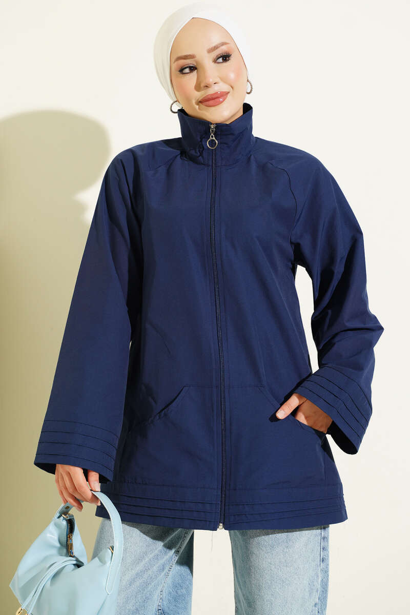 Stand-Collar Zip-Up Cape Coat - Navy