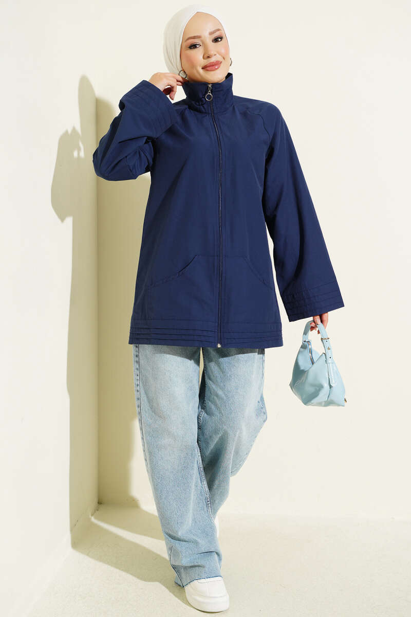 Stand-Collar Zip-Up Cape Coat - Navy