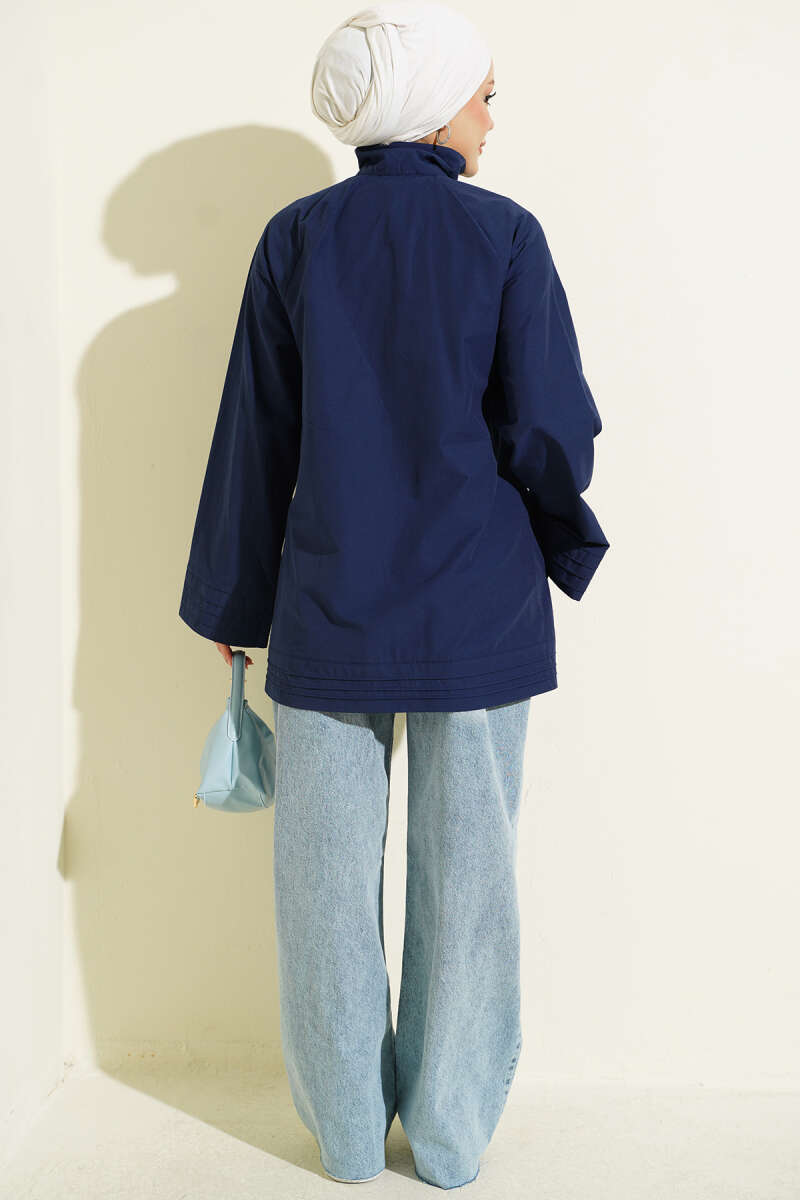 Stand-Collar Zip-Up Cape Coat - Navy