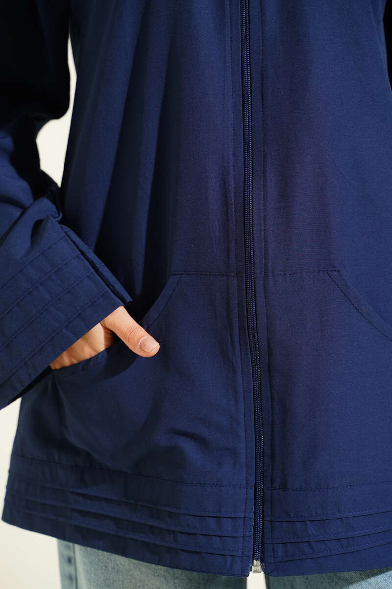 Stand-Collar Zip-Up Cape Coat - Navy