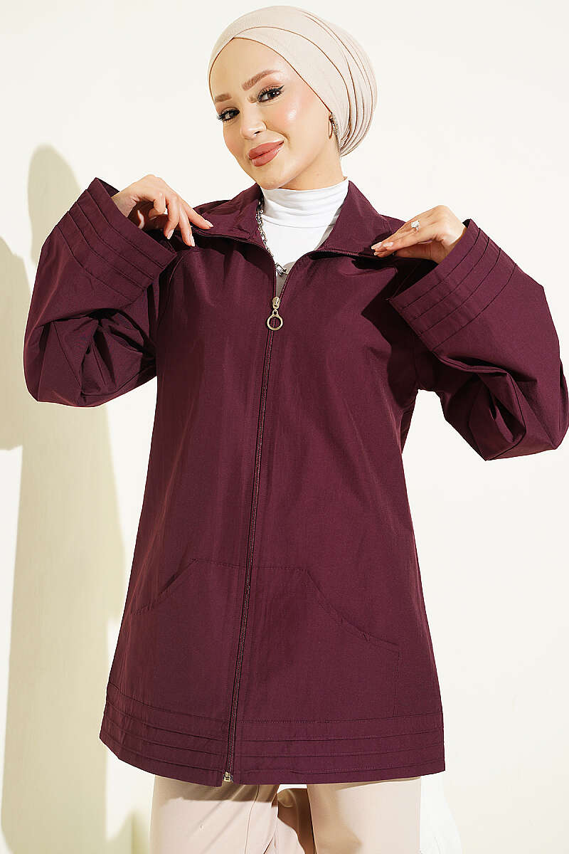 Stand-Collar Zip-Up Cape Coat - Plum