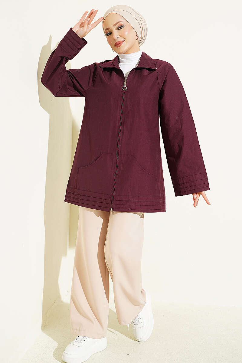 Stand-Collar Zip-Up Cape Coat - Plum