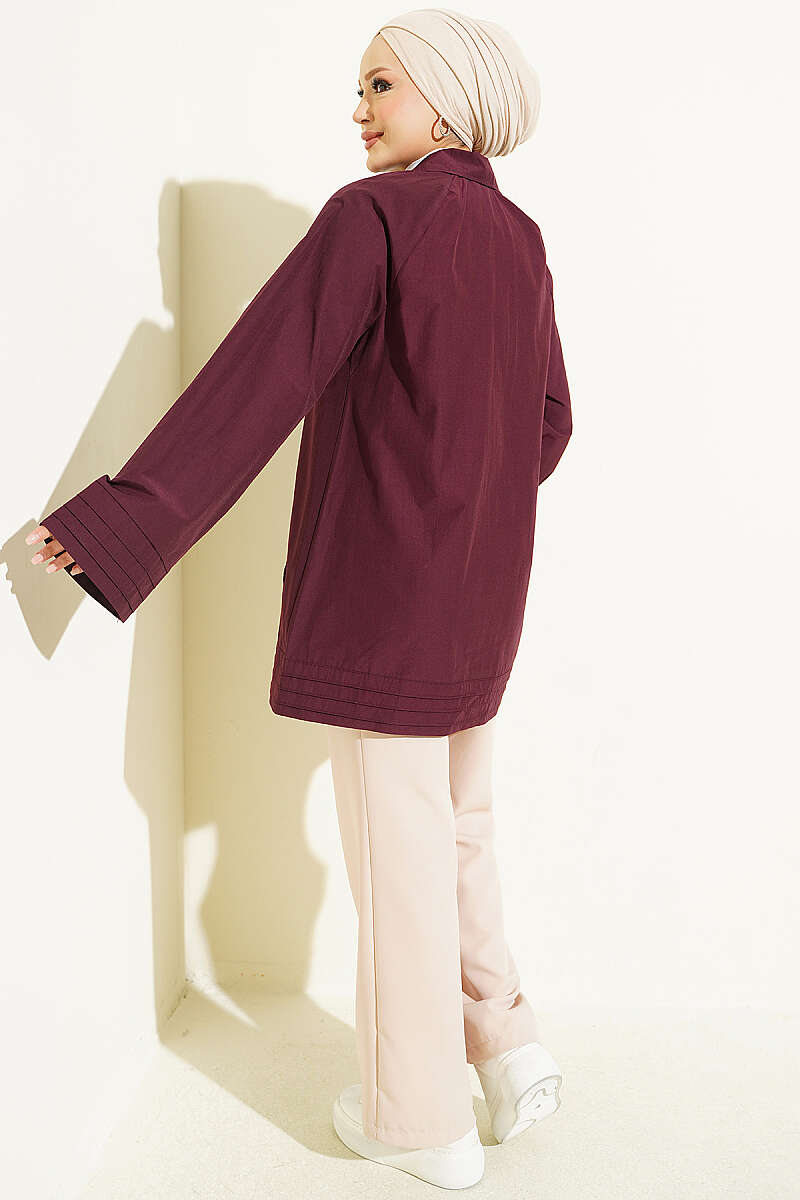 Stand-Collar Zip-Up Cape Coat - Plum