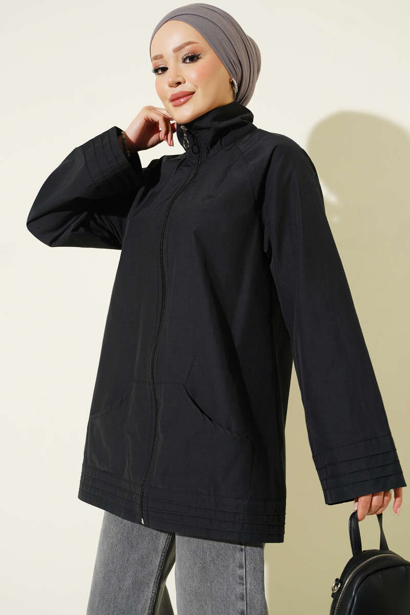 Stand-Collar Zip-Up Cape Coat - Black