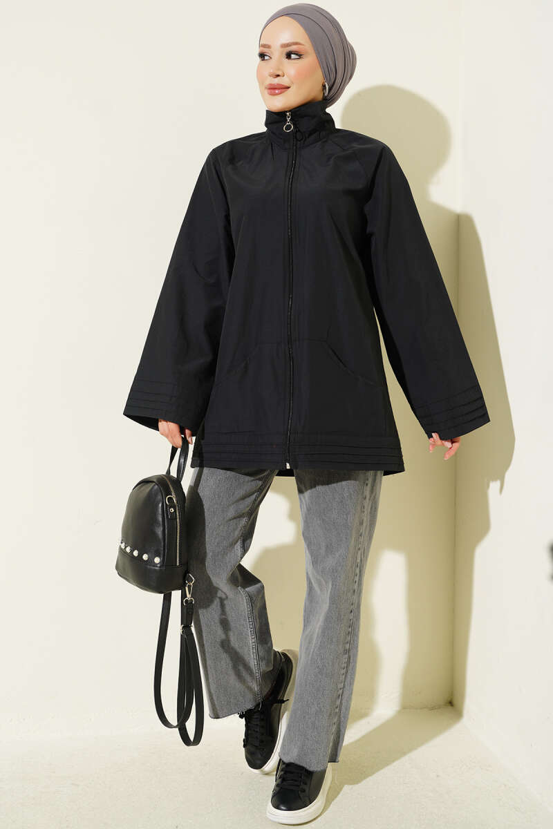 Stand-Collar Zip-Up Cape Coat - Black