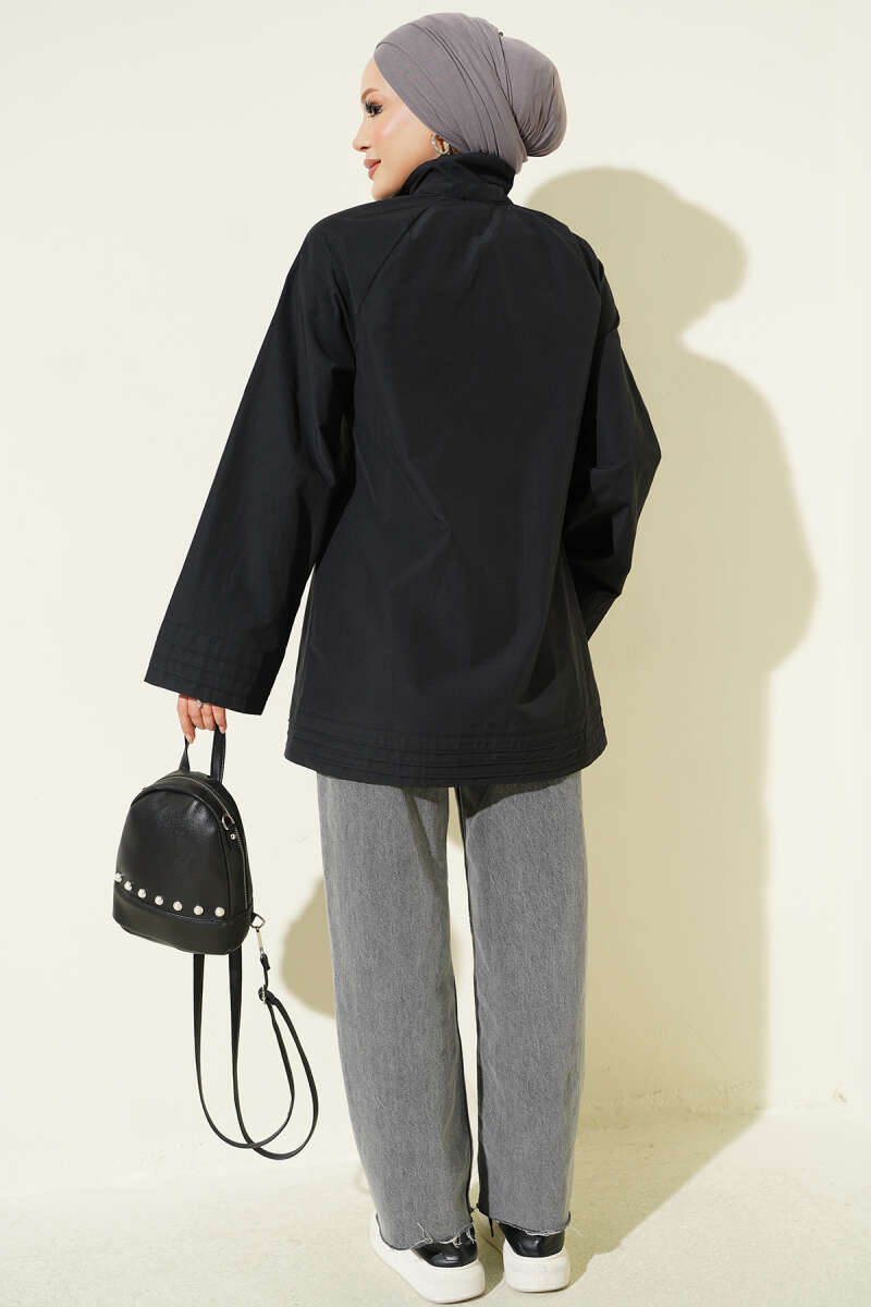 Stand-Collar Zip-Up Cape Coat - Black