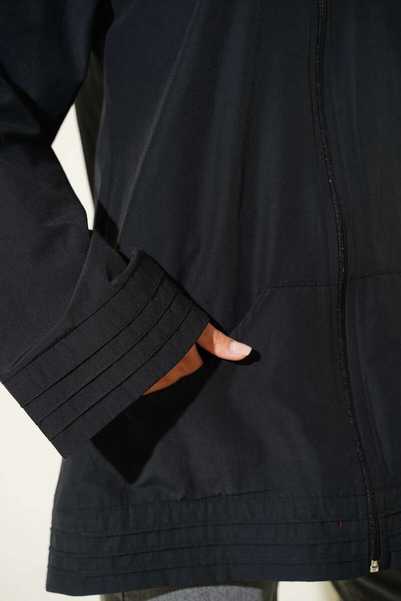 Stand-Collar Zip-Up Cape Coat - Black