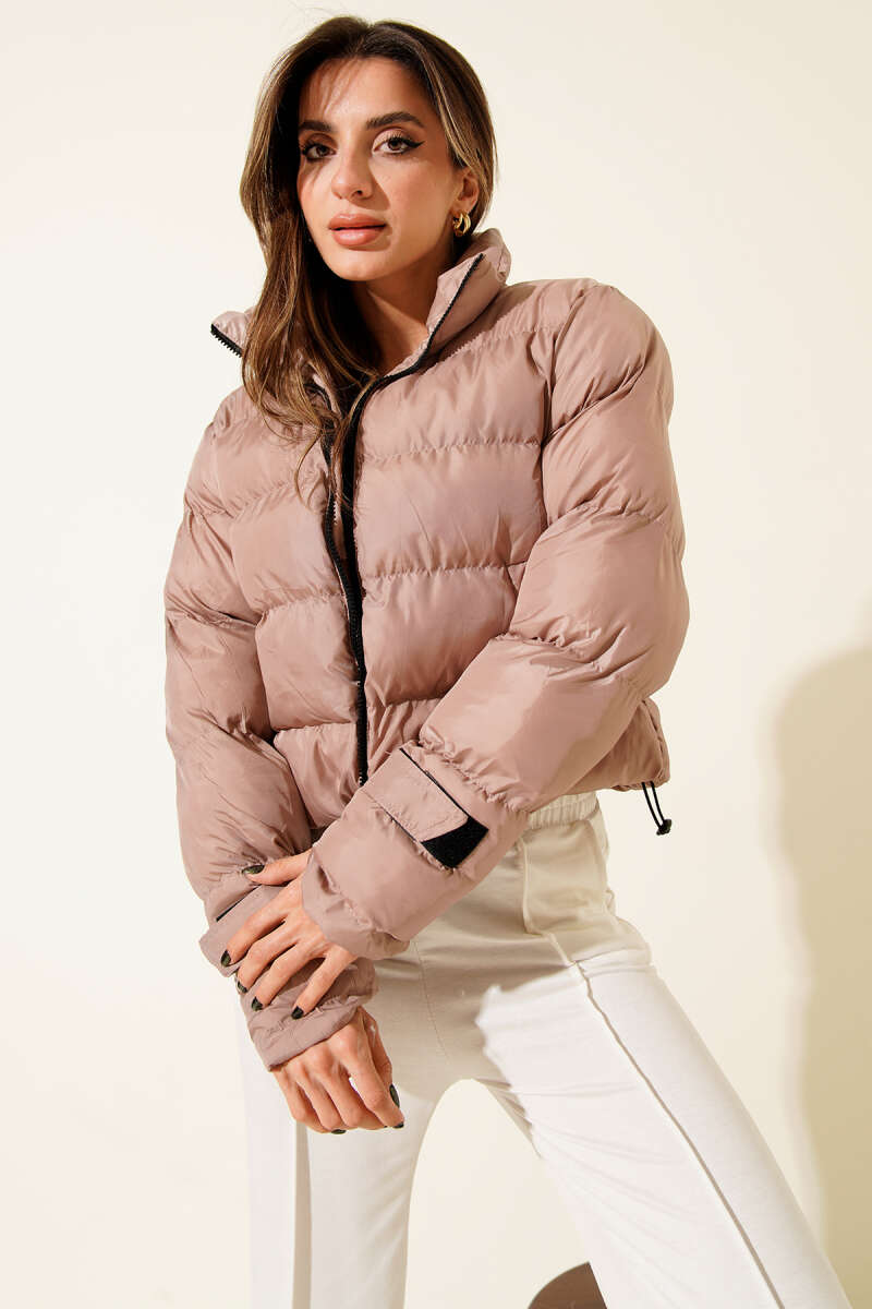 Short Stand-Collar Zip Puffer Jacket - Dusty Rose