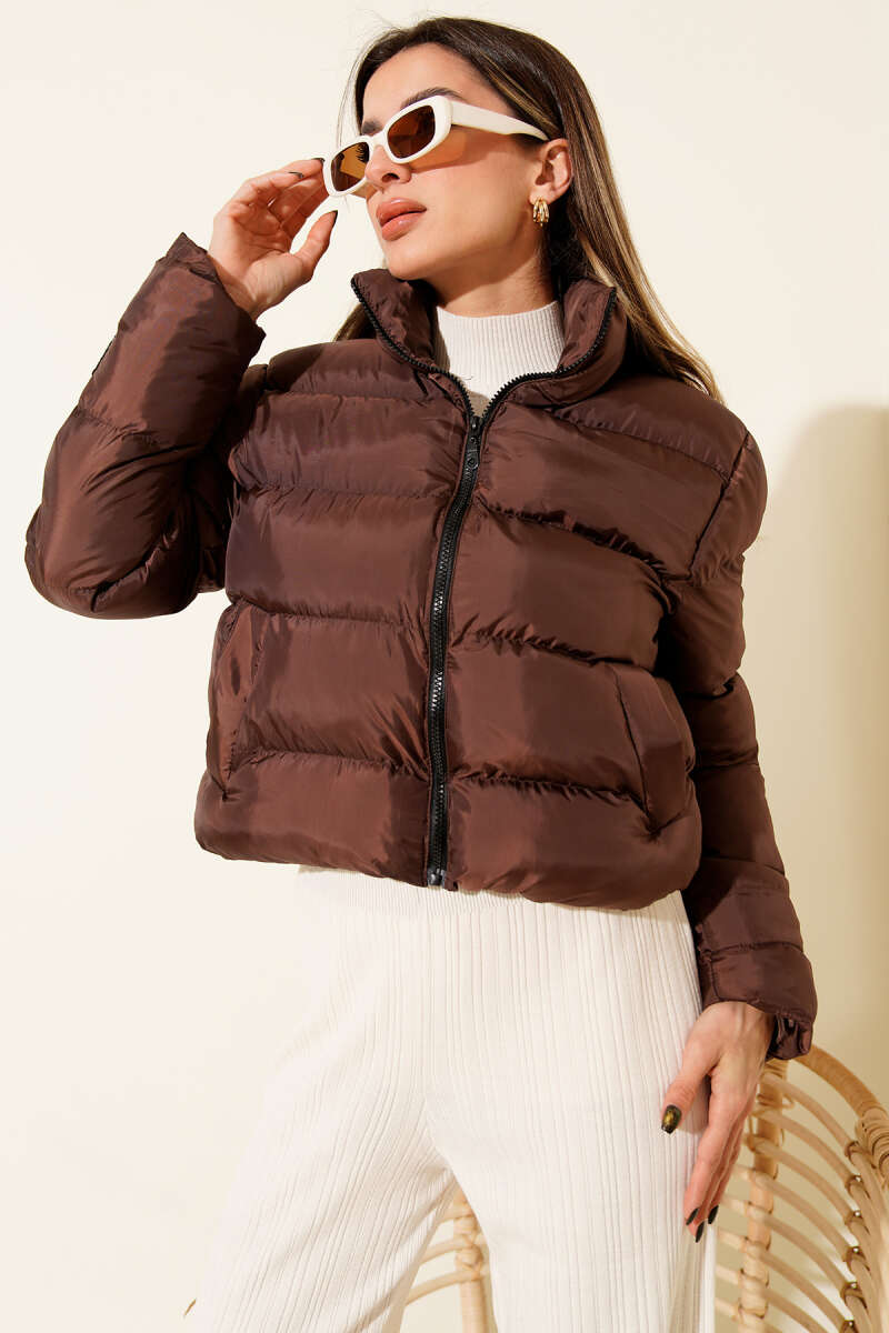 Short Stand-Collar Zip Puffer Jacket - Brown