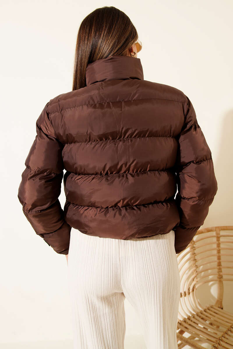 Short Stand-Collar Zip Puffer Jacket - Brown