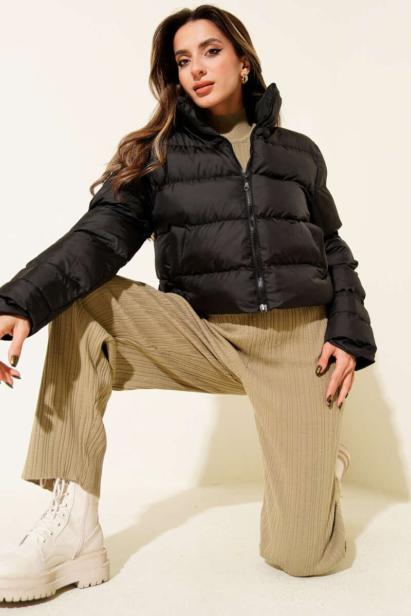 Short Stand-Collar Zip Puffer Jacket - Black