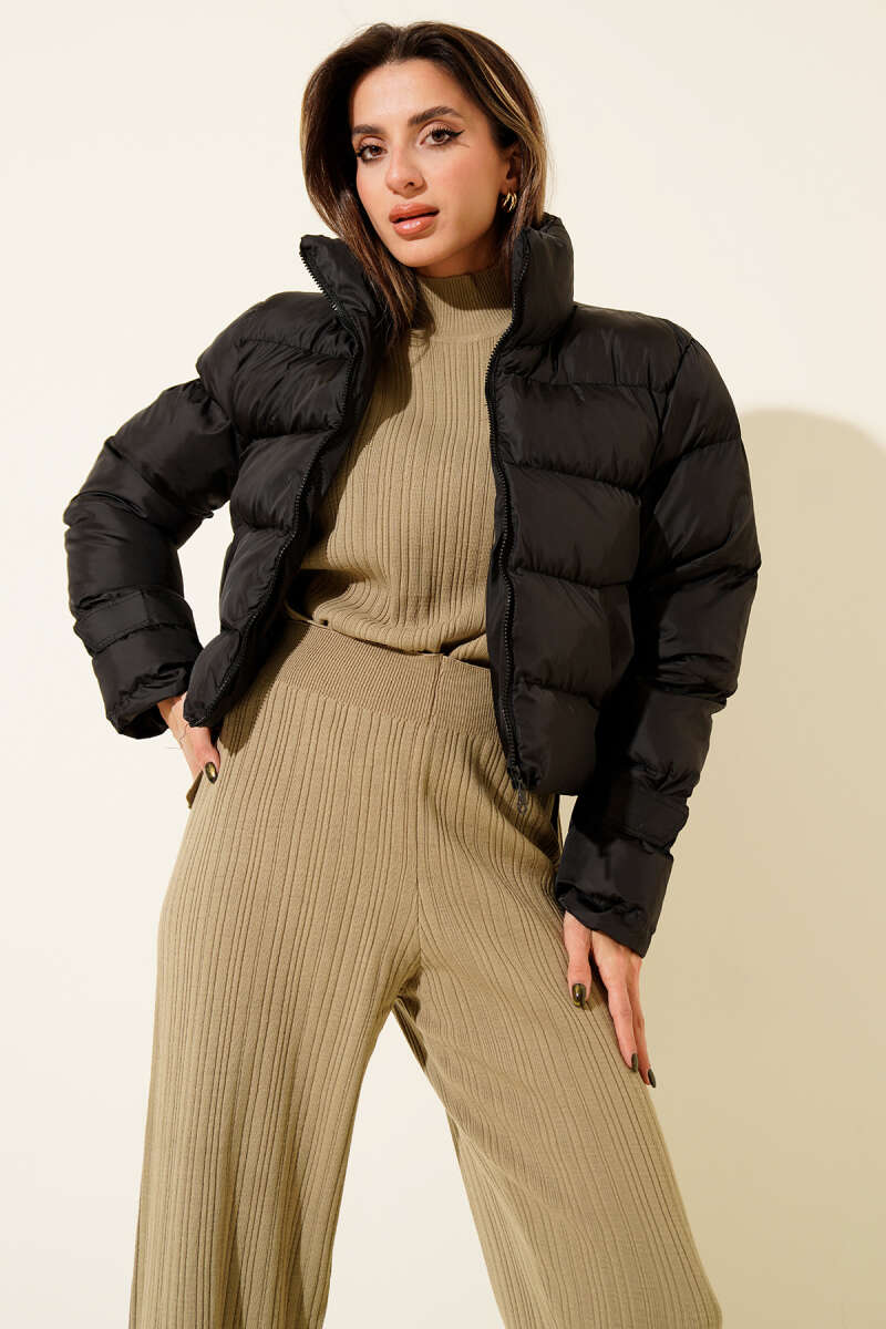 Short Stand-Collar Zip Puffer Jacket - Black