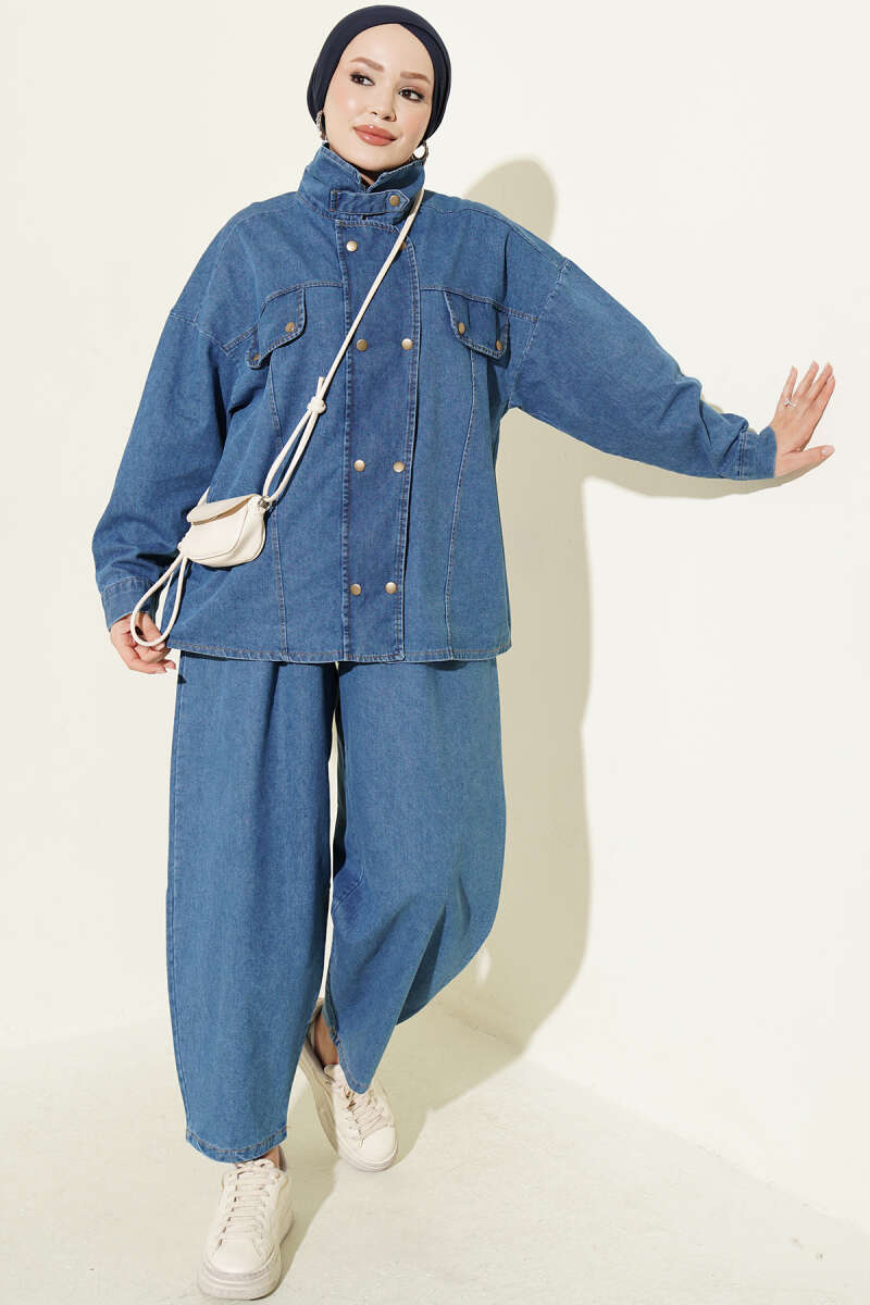 Zip-Up Denim Two-Piece Set with Stand Collar - Light Blue