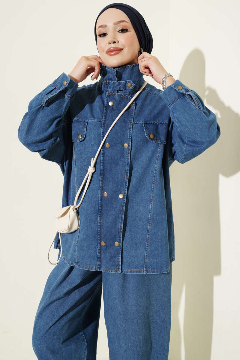 Zip-Up Denim Two-Piece Set with Stand Collar - Light Blue