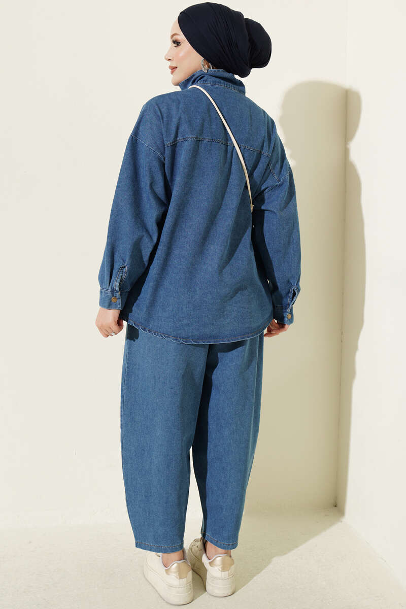 Zip-Up Denim Two-Piece Set with Stand Collar - Light Blue