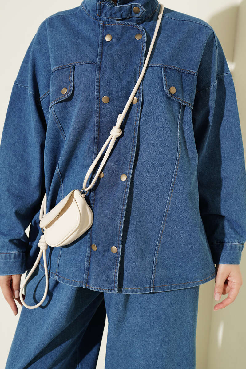 Zip-Up Denim Two-Piece Set with Stand Collar - Light Blue