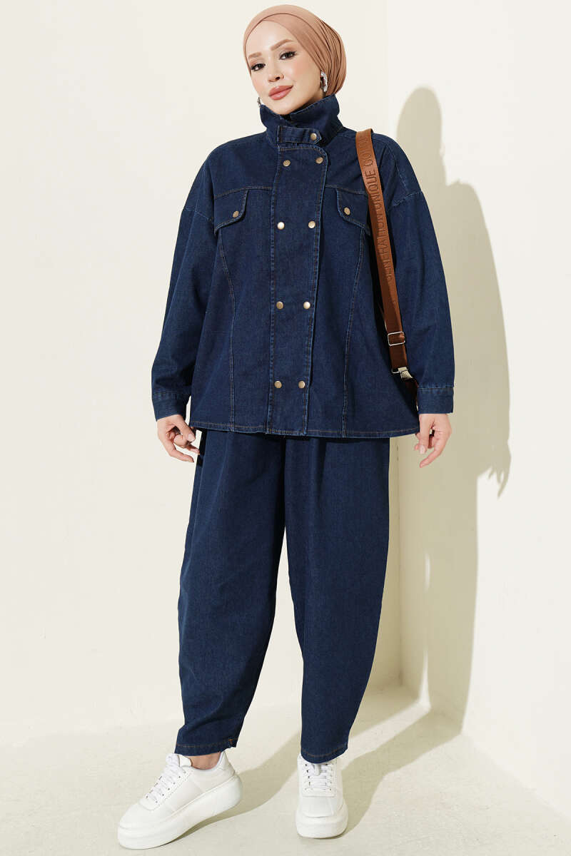 Zip-Up Denim Two-Piece Set with Stand Collar - Blue